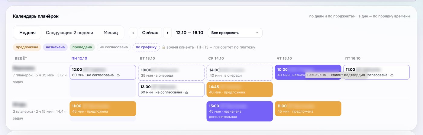 Календарь планёрок со статусами (имена скрыты)